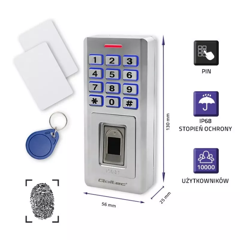 Fechadura de código com impressão digital e RFID QOLTEC 52447 com proteção IP68