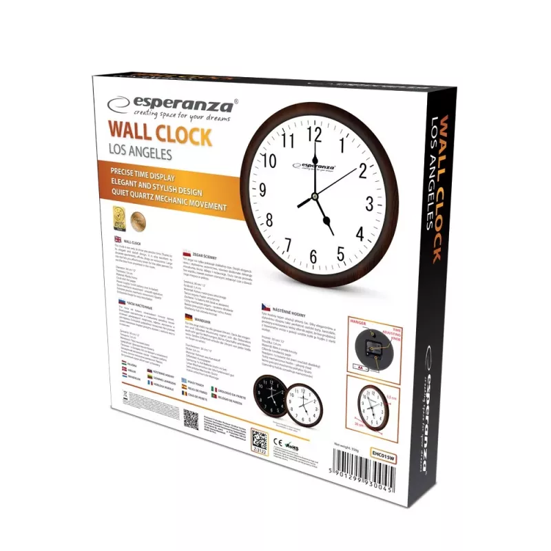 Relógio de parede mecânico ESPERANZA Los Angeles EHC015W — redondo 30 cm, preto e branco, AA 1,5 V