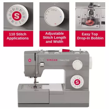 Máquina de costura SINGER Heavy Duty 4432 — elétrica, 32 pontos, casa de botão em 1 passo, braço livre, cinzento