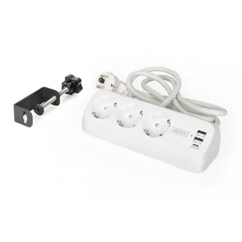 Extensão elétrica DIGITUS 3 tomadas com 2×USB-A e 1×USB-C, 3 tomadas AC Type E/F, cabo de 1,5 m, branco