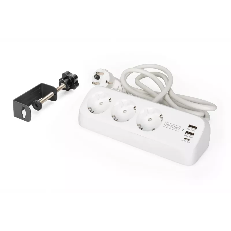 Extensão elétrica DIGITUS 3 tomadas com 2×USB-A e 1×USB-C, 3 tomadas AC tipo E/F, cabo de 1,5 m, branco