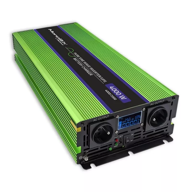 Qoltec Monolith Conversor de tensão | Carregamento de bateria | UPS | 2000W | 4000W | 12V para 230V | Onda sinusoidal pura | LCD preto-verde