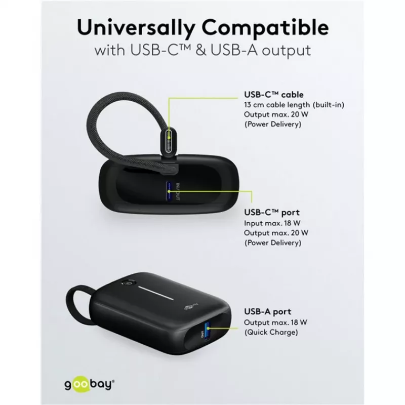 Powerbank portátil Goobay 10.000 mAh com cabo USB-C integrado – 20 W compacto para levar consigo (76251)