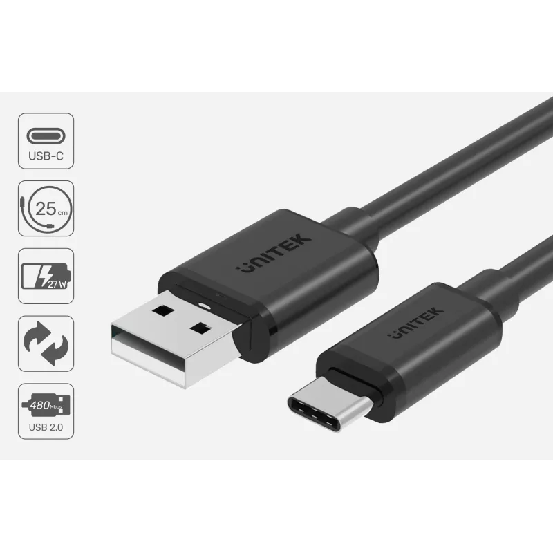 Cabo USB-A para USB-C Unitek C14068BK, 2 m, USB 2.0, preto, ficha-ficha