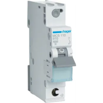 Hager MCS110. Corrente nominal: 10 A. Tipo: característica C, número de módulos (máx.): 1 módulo(s). Largura: 17,5 mm, profundidade: 70 mm, altura: 83,4 mm (MCS110)