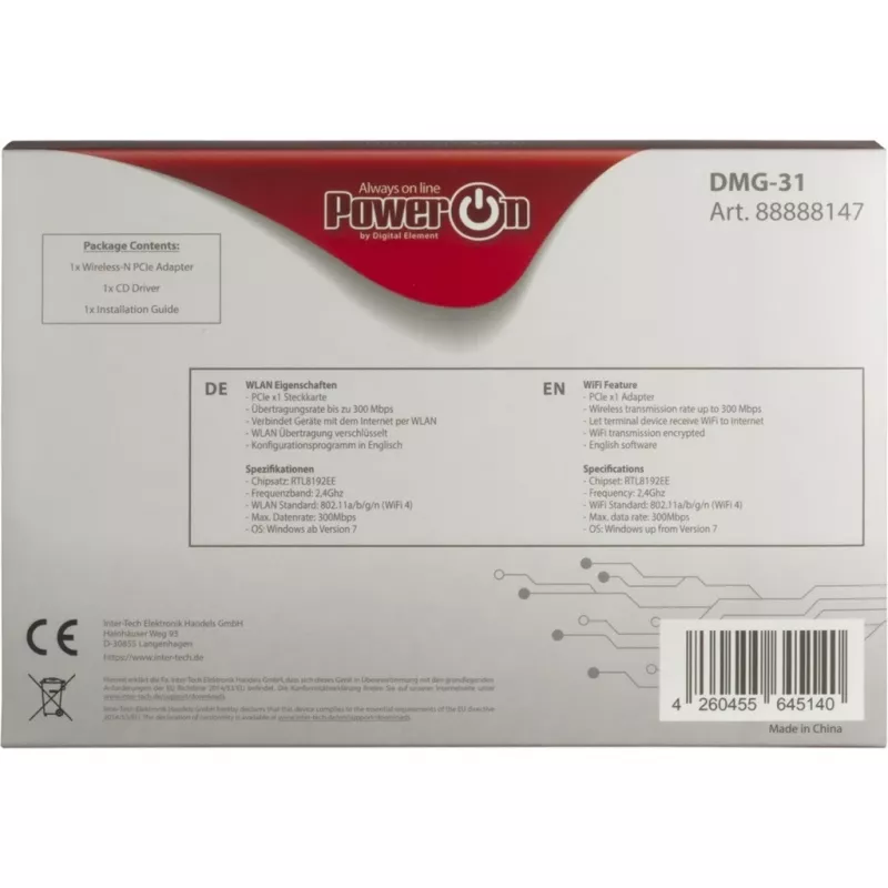 Inter-Tech DMG-31 - Interno - Sem fios - PCI Express - Wi-Fi - Wi-Fi 4 (802.11n) - 300 Mbit/s (88888147)