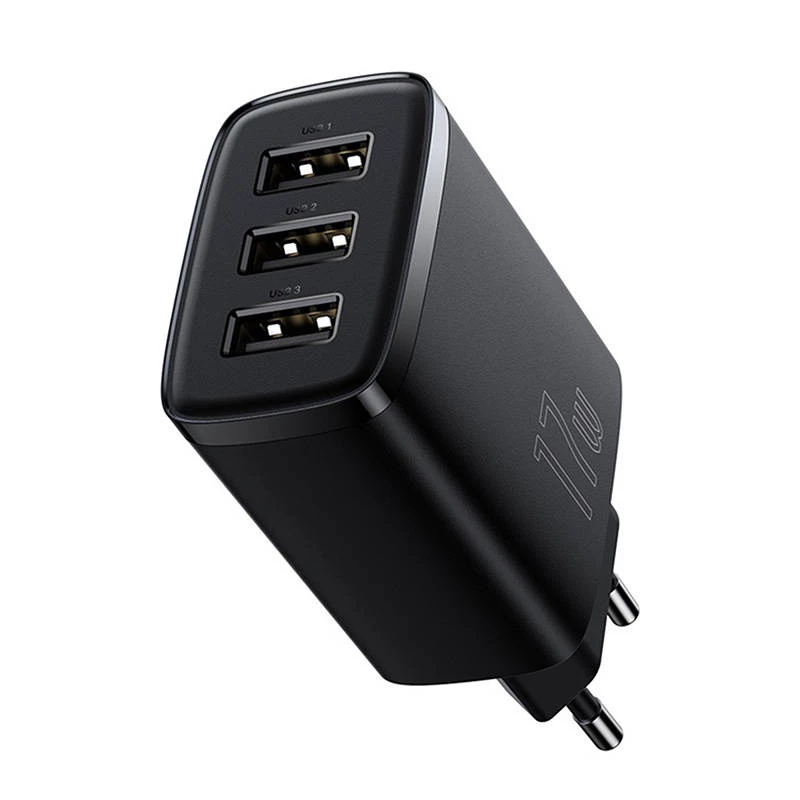 Carregador rápido compacto Baseus, 3x USB, 17 W (Preto)