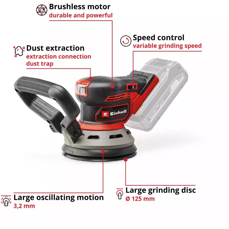 Máquina de lixar pavimentos EINHELL TP‑RS 18/32 Li BL Solo — 24.000 rpm, preto/vermelho, 1,11 kg