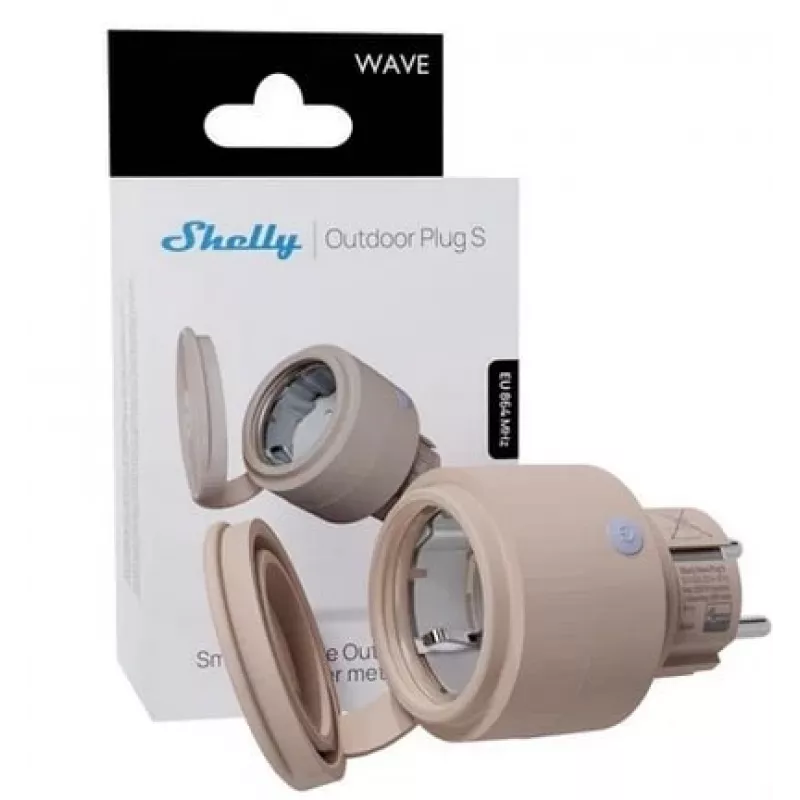 Shelly Wave Outdoor Plug S LR ficha inteligente para exterior, Z-Wave Long Range, IP44, 230 V, 12 A, 2500 W, medição de energia, SmartStart, OTA, LED, mocha