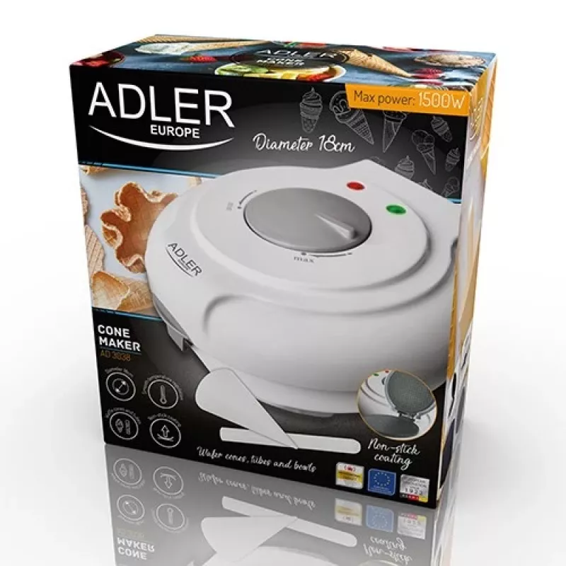 Máquina de waffles Adler AD 3038 – waffle redonda individual, 1500 W, termostato regulável, placas antiaderentes, cinzento/branco