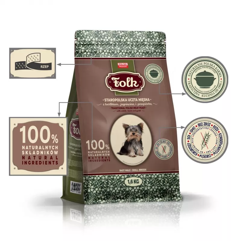 FOLK raças pequenas tradicional festim polaco de carne com coelho, borrego e codorniz - comida seca para cães - 1,6 kg