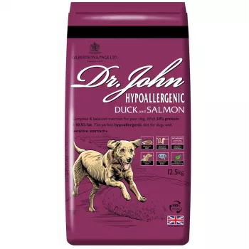 Comida seca para cães Dr. John Hypoallergenic Duck with Salmon — alimento completo para cães adultos, 12,5 kg, 24 % de proteína, 10,5 % de gordura