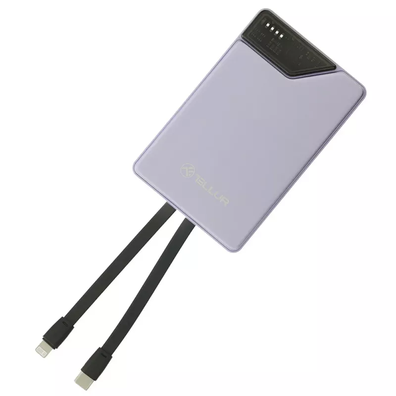 Powerbank portátil Tellur TLL158441, 10000 mAh, cabos USB-C e Lightning integrados, violeta