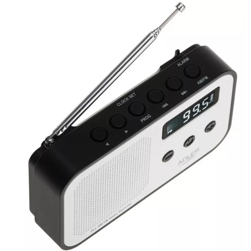 Adler AD 1907 rádio digital PLL, AM/FM, 40 estações pré-definidas, alarme com soneca, USB-C, bateria recarregável integrada, ficha de 3,5 mm, branco/preto