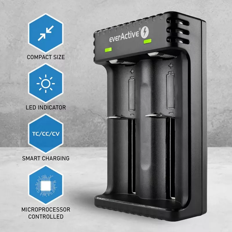Carregador de pilhas everActive LC200 doméstico USB, 2 compartimentos, Li-Ion, compatível com A/AA/AAA/AAAA/C/D, entrada 5 V, saída 4,2 V, preto