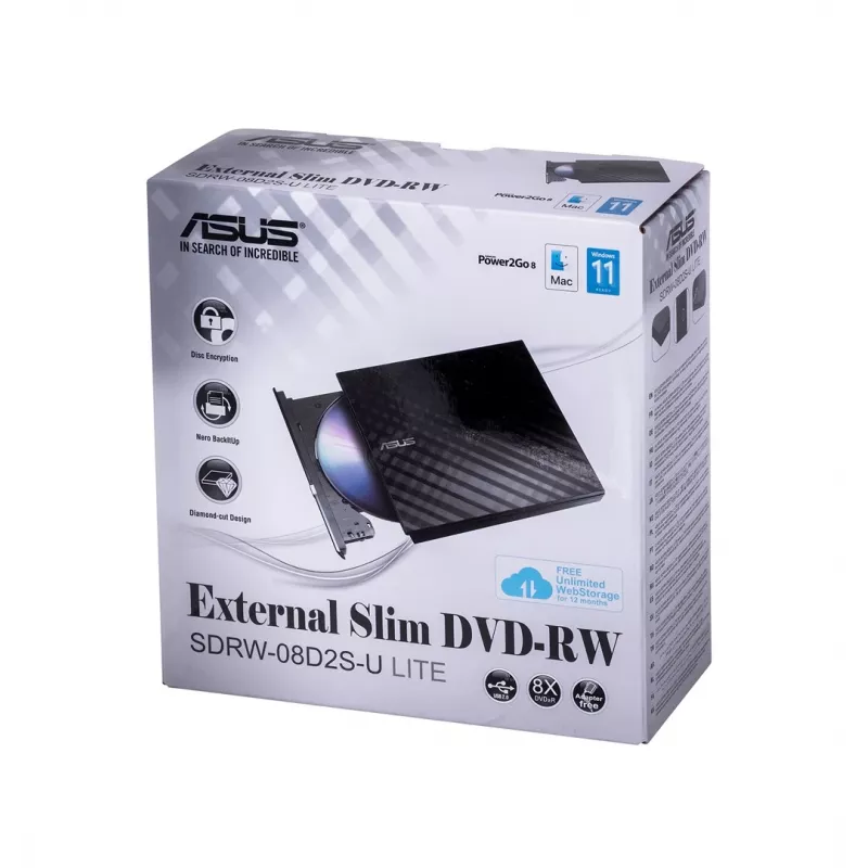 Unidade ótica externa DVD±RW ASUS SDRW-08D2S-U Lite, USB 2.0, preta, 24x CD / 8x DVD, 142×142×20 mm