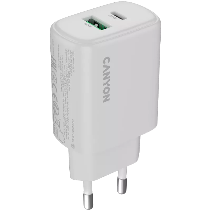 Carregador CANYON OnCharge 250 25W 1xPD 1xQC EU branco