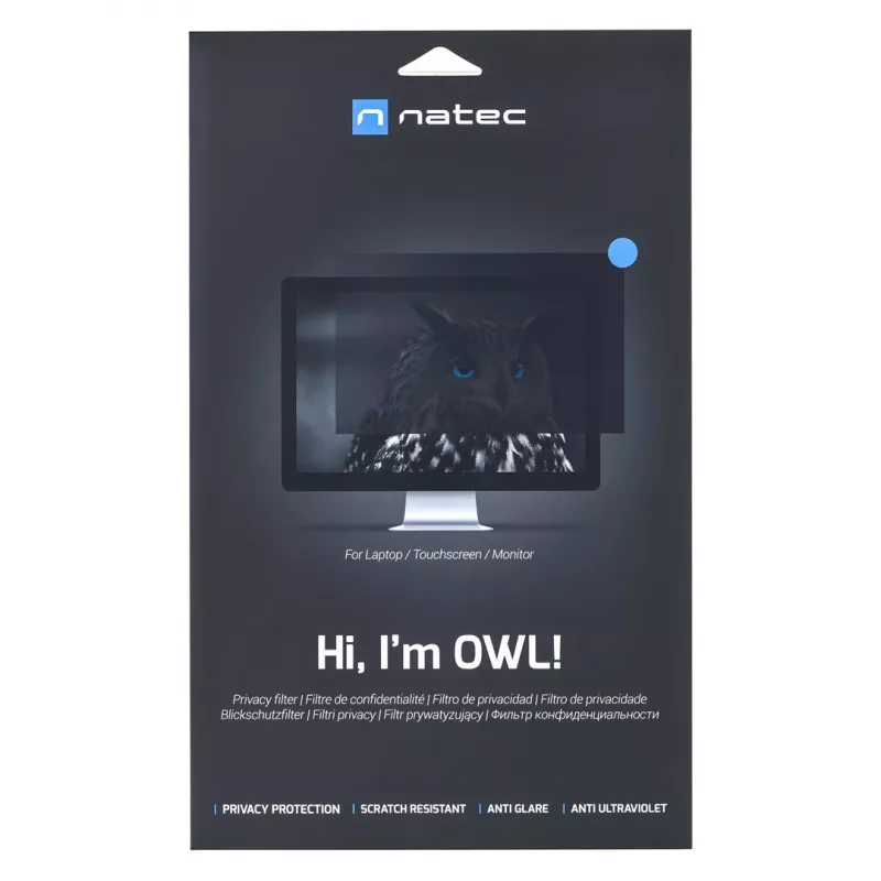 Filtro de privacidade sem moldura para ecrã NATEC Owl para monitor LCD de 24 polegadas (61 cm), 531 x 298 mm, 16:9, compatível com ecrã tátil