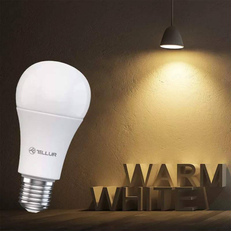 Lâmpada Smart WiFi Tellur TLL331331 9W branco quente dimmer — luz branco quente ajustável, controlo Wi‑Fi
