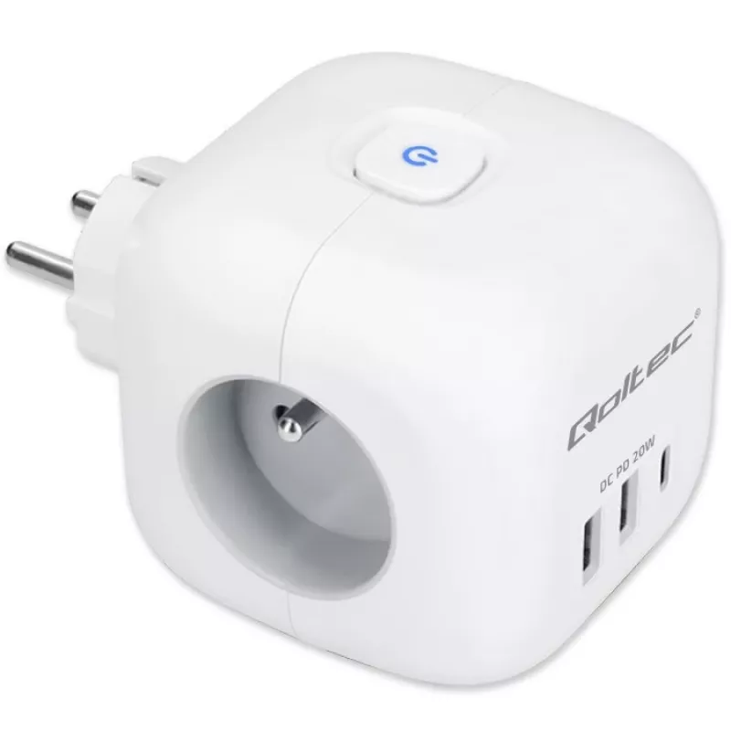 Régua de tomadas QOLTEC 52548 com 3 tomadas AC e porta USB