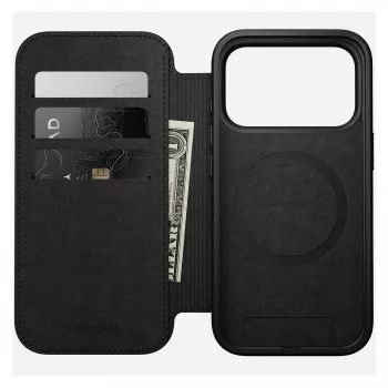 Capa de pele tipo carteira para telemóvel Nomad Modern Leather Folio para iPhone 17 Pro – castanha, compatível com 6,3 polegadas (16 cm), 4 compartimentos para cartões