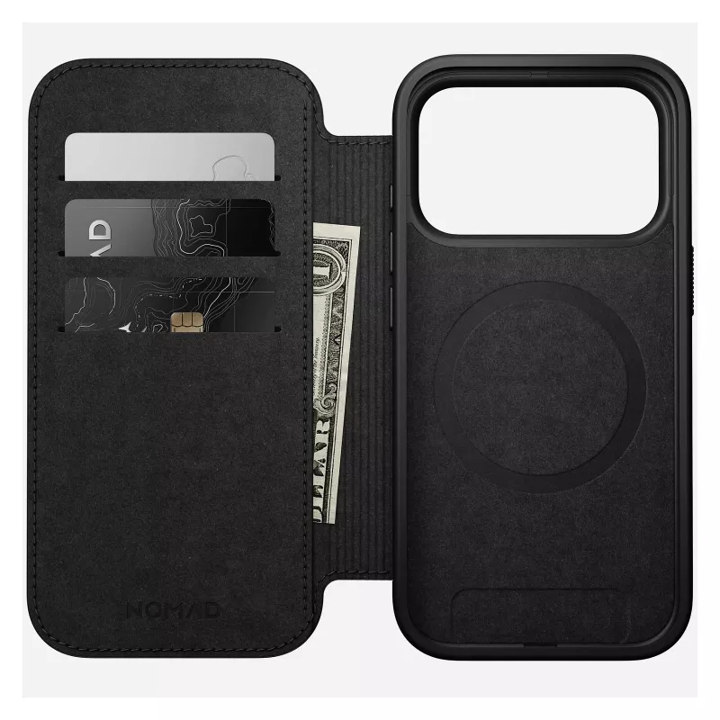 Capa de pele tipo carteira para telemóvel Nomad Modern Leather Folio para iPhone 17 Pro – castanha, compatível com 6,3 polegadas (16 cm), 4 compartimentos para cartões