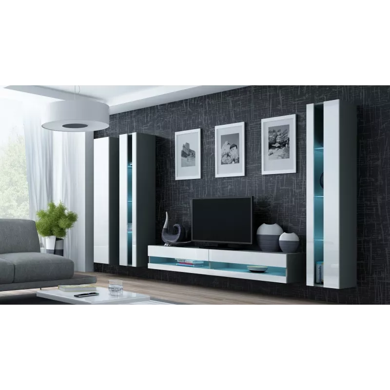 Suporte de TV Cama Meble VIGO NEW 30/140/40 — 1400×400×300 mm, tampo cinzento, aglomerado, estrutura cinzenta, frentes brancas brilhantes