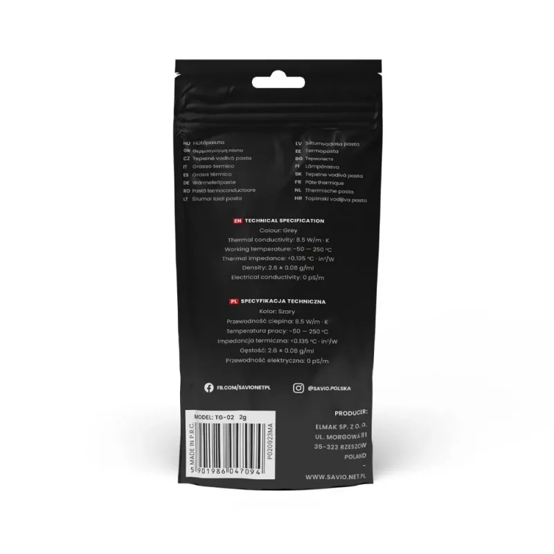 Pasta térmica SAVIO TG-03 13,5 W/m·K, 2 g — pasta térmica