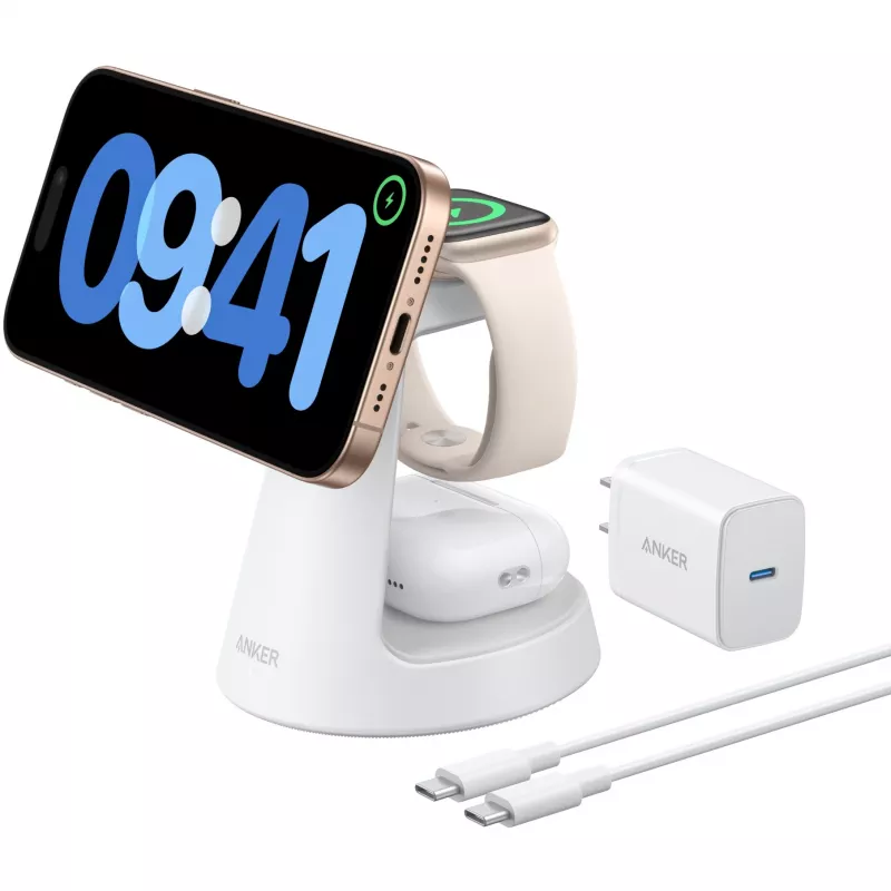 Anker MagGo 3-in-1 Estação de carregamento sem fios Qi2, branco, 15 W (B25M4G21)