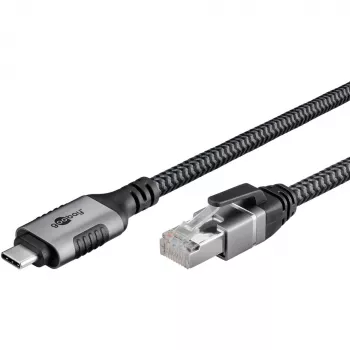 Cabo Ethernet USB-C 3.2 Gen2 macho > RJ-45 macho, adaptador LAN preto/prateado, 1,5 metros, revestimento têxtil entrançado