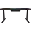 Secretária gaming de altura ajustável com motor duplo, função sentado/em pé, caixa de PC integrada, carregador sem fios, iluminação RGB, painel de controlo e portas USB, tampo em vidro temperado, preto.