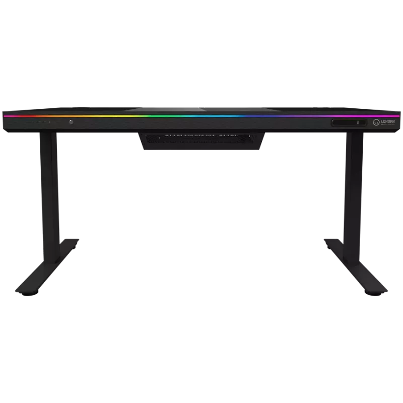 Secretária gaming de altura ajustável com motor duplo, função sentado/em pé, caixa de PC integrada, carregador sem fios, iluminação RGB, painel de controlo e portas USB, tampo em vidro temperado, preto.