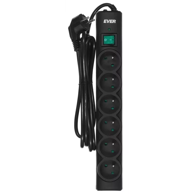 EVER Optima T/LZ08-OPT030/0000 extensão com proteção contra sobretensões, 6 tomadas, 3 m, 250 V, proteção para crianças, interruptor, preta