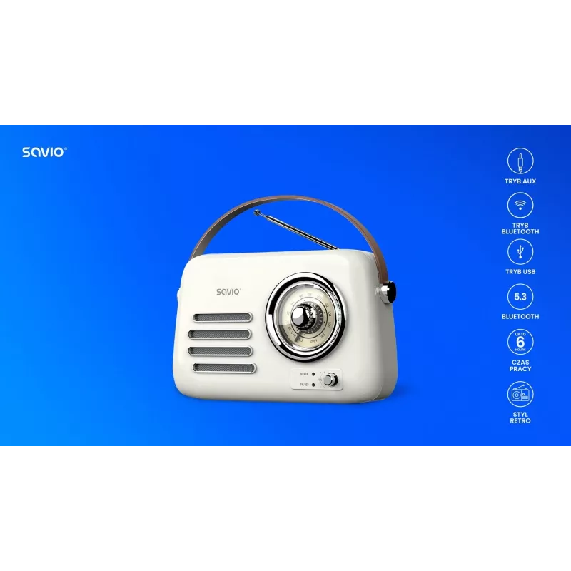 Rádio portátil SAVIO RS-02 — sintonizador FM analógico, Bluetooth 5.3, alimentação USB, 3 W, branco