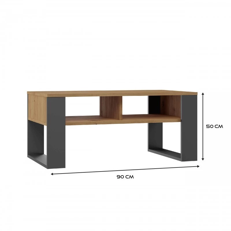 Mesa de centro top e shop Modern 90×58×50 cm, estrutura antracite, prateleiras em carvalho Artisan mate