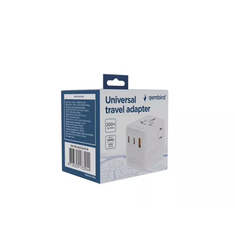 Fonte de alimentação de viagem GEMBIRD TPA-1A2C20-01-W — 20 W, USB-A (18 W) + 2× USB-C (20 W), ficha tipo E, branco