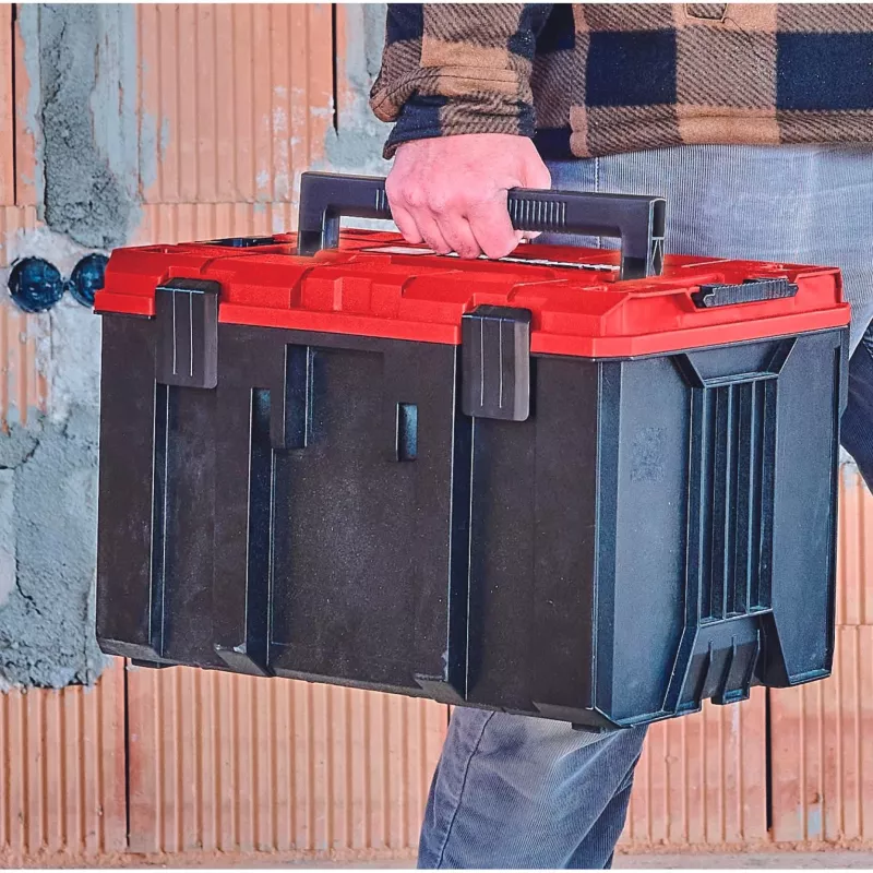 Einhell 4540021 E-Case M mala de sistema, caixa de ferramentas, polipropileno, capacidade de carga de 90 kg, preto/vermelho