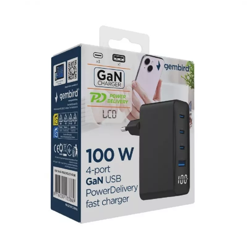 Carregador Gembird TA-UC-PDQC100LCD-01-BK para dispositivos móveis, portátil, smartphone, preto, carregamento rápido AC, interior