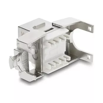 Módulo Keystone DELOCK RJ45 para LSA Cat.6A blindado sem ferramentas, plano, prateado/branco, com tampa de proteção contra pó