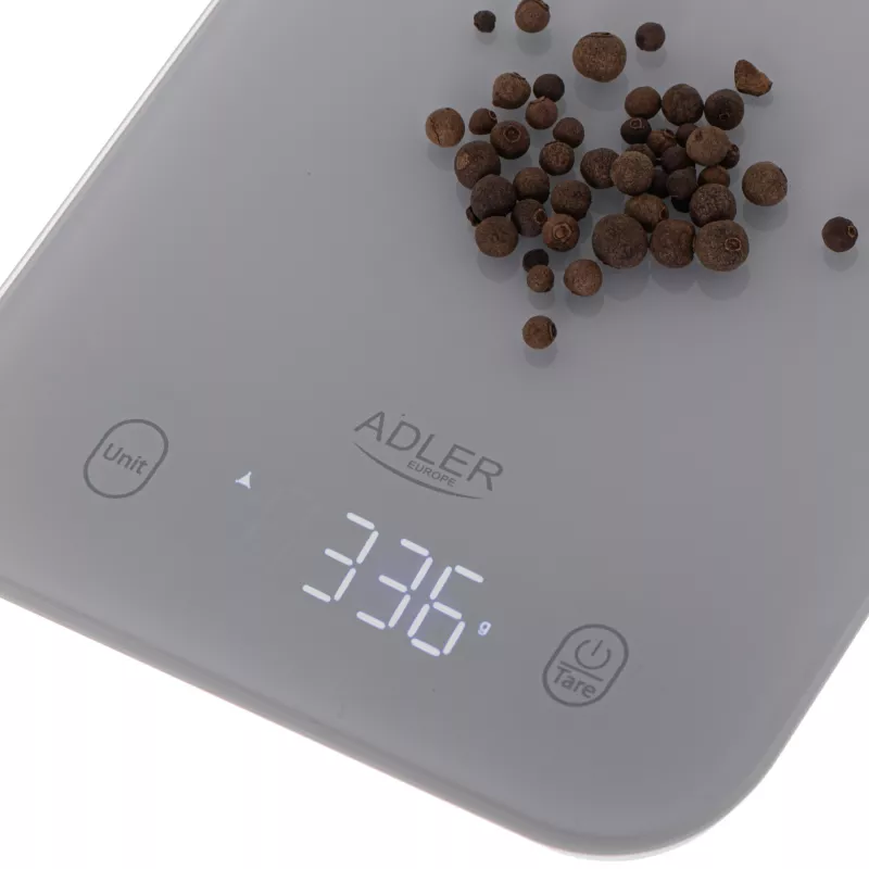 Balança de cozinha Adler AD 3181, vidro temperado, capacidade 10 kg, precisão 1 g, ecrã LCD, cinzento