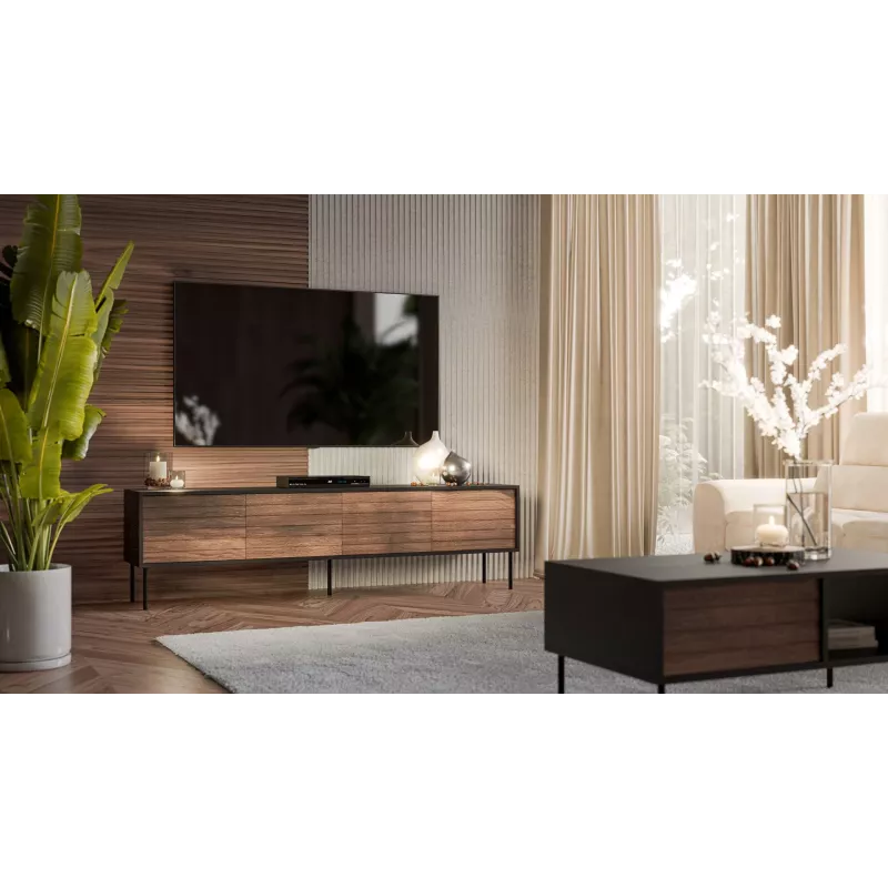 Móvel de TV cama meble CORTINA 4D 200x40x55 cm, tampo superior preto, frentes cor de nogueira