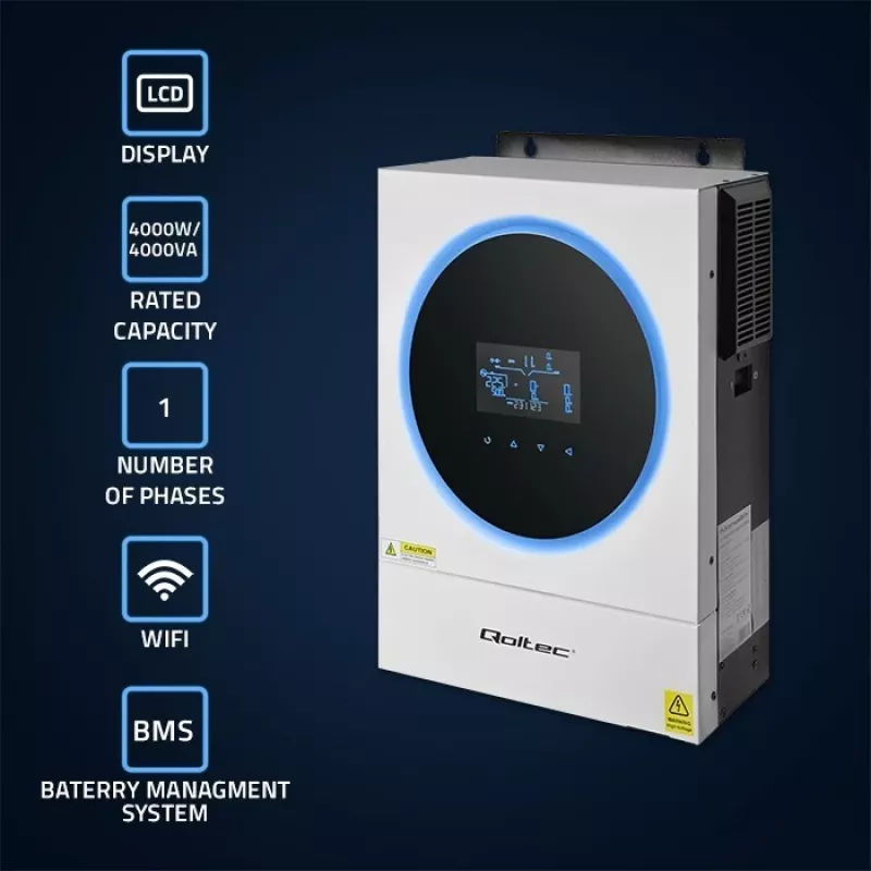 Qoltec, Transformador de tensão, Inversor solar híbrido Off-Grid 4kVA 4kW 120A MPPT LCD Wi-Fi BMS Sinusoidal