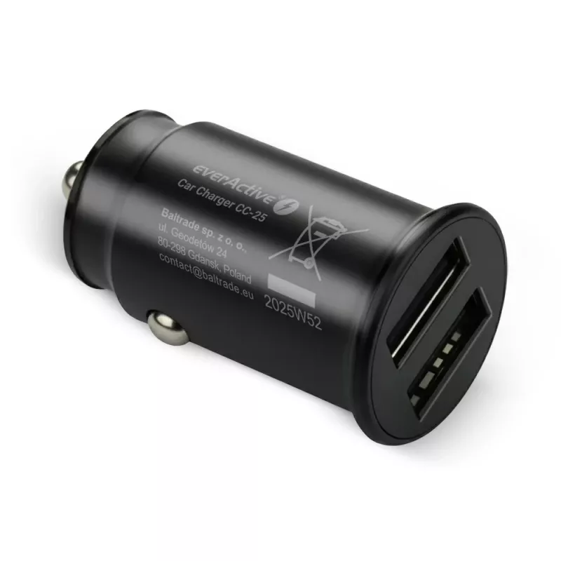 Carregador de automóvel everActive CC-25 — 2 portas USB, 12W de potência total, corrente de veículo 12V–24V