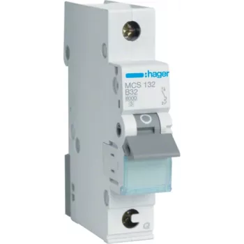 Hager MCS132. Corrente nominal: 32 A. Tipo: curva C, número de módulos (máx.): 1 módulo(s). Largura: 17,5 mm, profundidade: 70 mm, altura: 83,4 mm (MCS132)