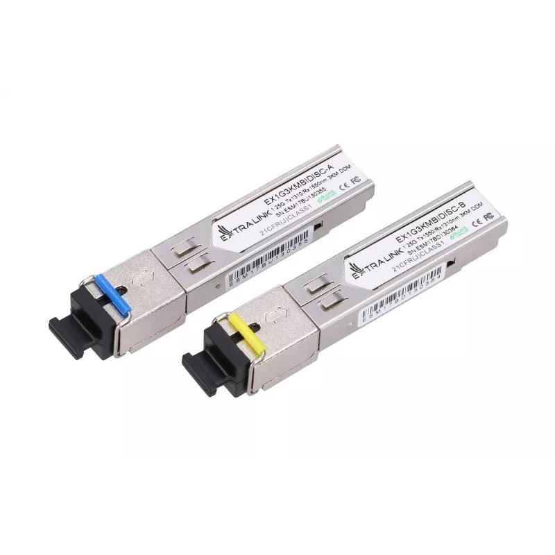 Par de transceptores de fibra ótica SFP WDM Extralink 1,25G 1310/1550 nm monomodo 3 km SC DOM