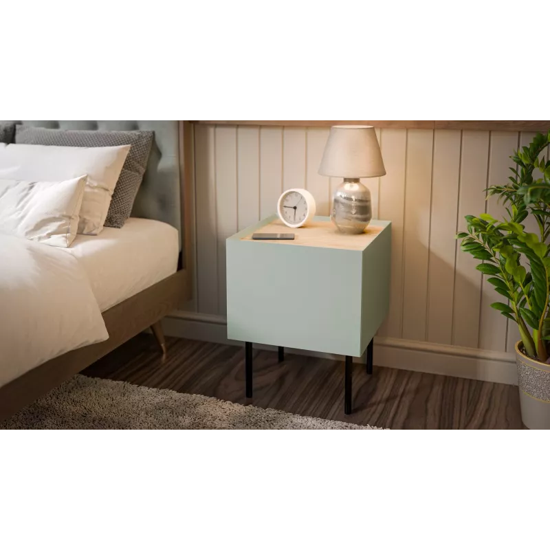 Mesa de cabeceira Cama Meble FELLINI 40x41x60, verde-oliva com tampo de carvalho oleado, 1 gaveta, pack de 2