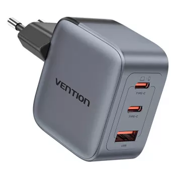 Carregador GaN Vention FEXH0-EU 70W — 2x USB-C + 1x USB-A, PD 70W, 100–240V