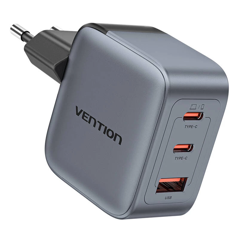 Carregador GaN Vention FEXH0-EU 70W — 2x USB-C + 1x USB-A, PD 70W, 100–240V