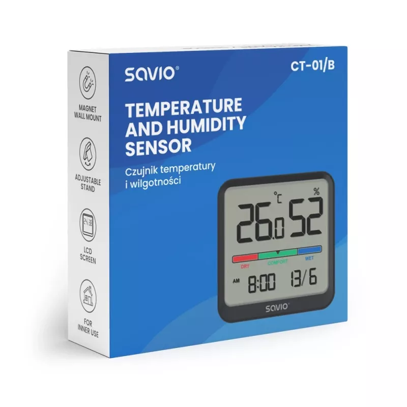 Savio CT-01/B sensor sem fios de temperatura e humidade para interior, LCD, relógio, data, suporte magnético, preto