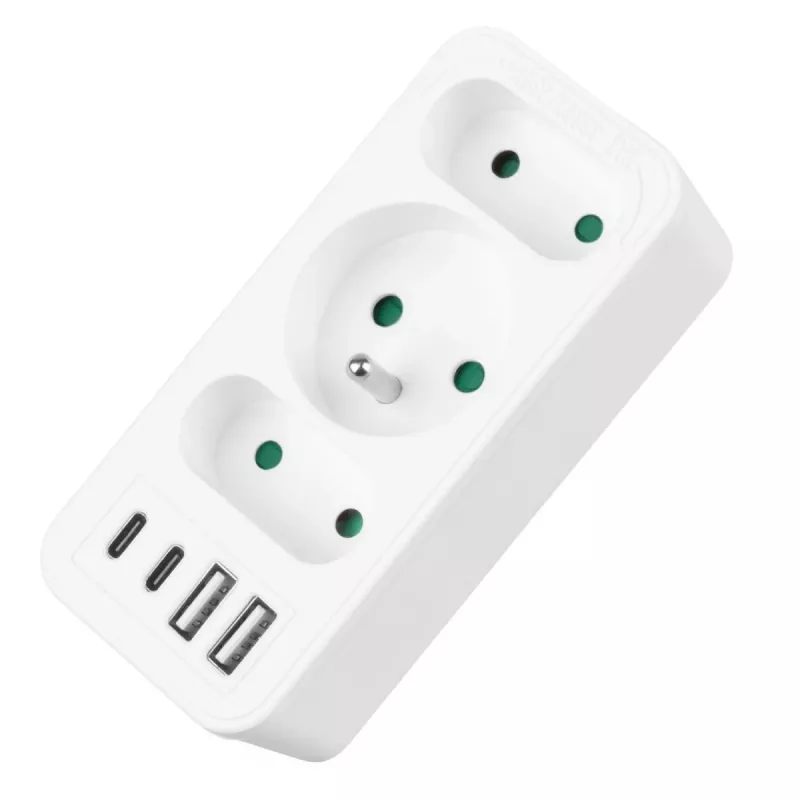 Power Splitter MACLEAN MCE248 F/W — 3 tomadas AC (1×16A, 2×6A) + 4×USB (2×A, 2×C PD 20W), ficha EU, branco